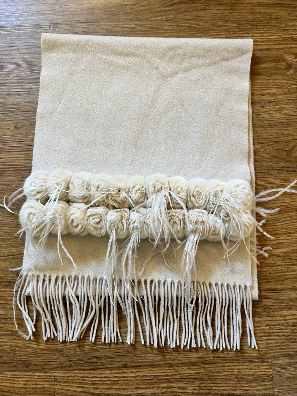 Vintage Inspired Luxurious Cream Pashmina Shawl Feathers Fur Pom-Poms Fringe OS